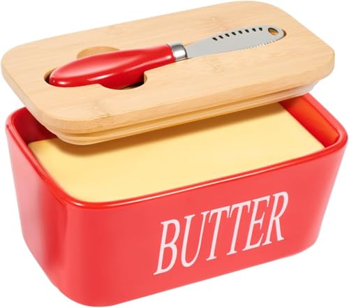 Grand beurrier en céramique avec couvercle et couteau, beurrier en silicone de qualité idéal pour la cuisine et les cadeaux, rouge