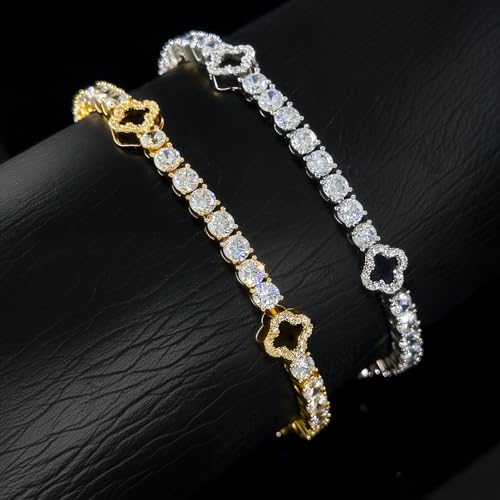 HELLOICE Iced Out Four Leaf Clover Tennis Bracelet 18K Gold Plated Cubic Zirconia 4 Leaf Clover Lucky Bracelet Trendy Jewelry Gift for Women Men3