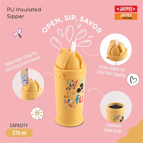 Image of JAYPEE First Step Inner Stainless Steel Insulated Lunch Box Meal and Sip Combo for School Kids Water Bottle Sipper & Disney Princess School Kids Tiffin Box 375 & 270 ml Water Bottle, Yellow
