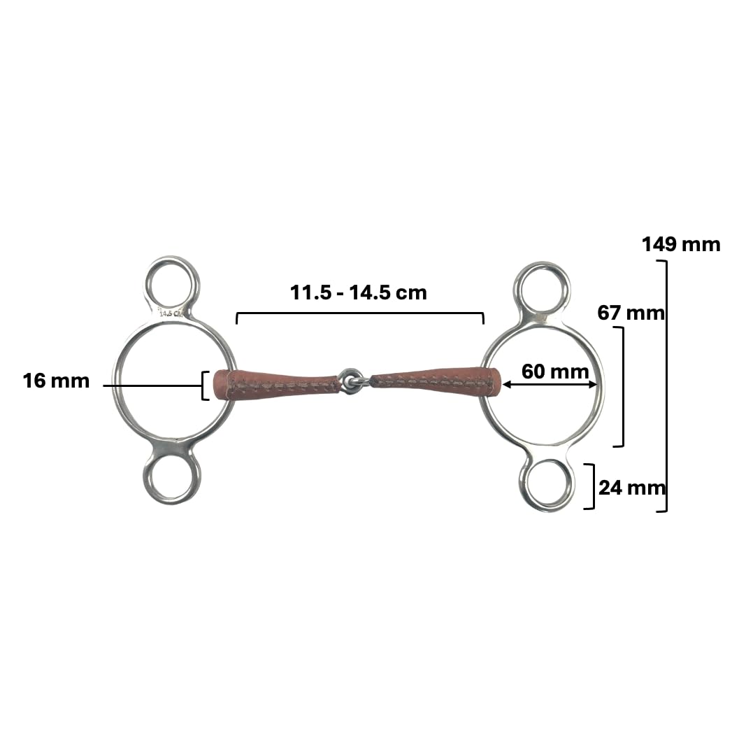 ES0228 JW Gebiss Leder Ledergebiss 3-Ringtrense 3-Ring Einfach Gebrochen anatomisch geformtes maulfreundliches aus Edelstahl Gebissstärke 14 mm (14.5 cm)