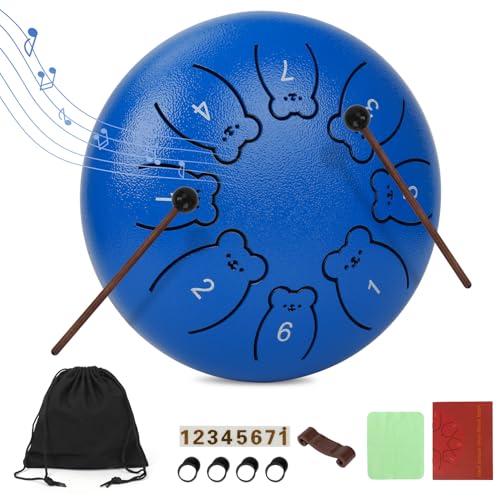 JINBAITAI Bear Steel Tongue Drum for Kids, 6 Inch 8 Notes Rain Drum for Outside Garden, Steel Drum Instrument with Mallets, Music Book and Carry Bag, Music Gifts for Grandkids (Dark Blue)