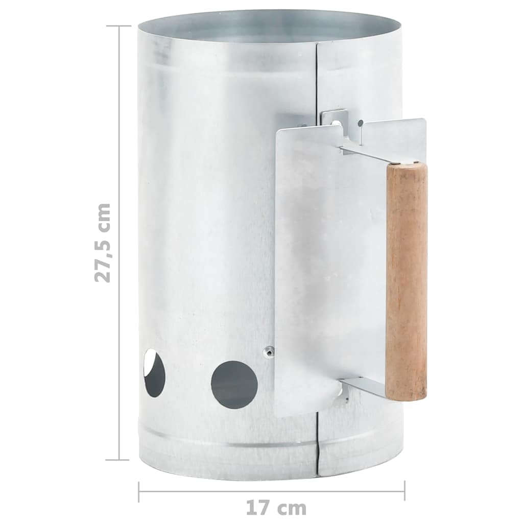 Anzündkamin für Holzkohlegrill aus verzinktem Stahl, 17 x 27,5 cm mit Belüftungsöffnungen und hitzebeständigem Holzgriff, einfaches Grillzubehör für BBQ, Garten, Camping und Outdoor