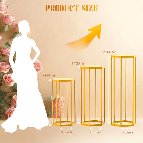 Lynxor LY-PSD01 Hexagon Pedestal Stand Cylinder Stands For Party, 3Pcs Gold Metal Columns Plant Stand Tables For Weddings Cake Pedestal Stand Floor Plant Tables Geometric Display Rack thumb #5