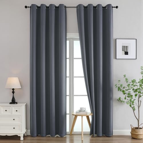 Image of Simplebrand Grey Curtains for Bedroom Living Room 96 Inches Long 2 Panels Set, Room Darkening Thermal Insulated Curtains & Drapes, Solid Grommet Noise Reducing Window Treatment, W50 x L96 Inch