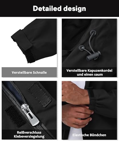 Huayuzh Jacke Herren Softshelljacke Wasserdichte Atmungsaktiv Winddichte Regenjacke Leichte mit Kapuze Laufen Wandern Schwarz L