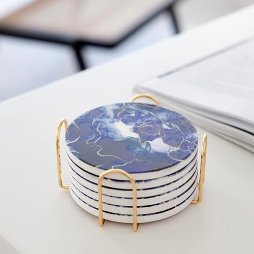 Image of Marble Coasters with Holder Set of 6, Coffee Table Decor, Drinks,Coffee Table, Coaster Set, Drink Coasters, Stone Coasters for Drinks Absorbent Blue