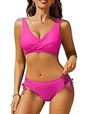 Ekouaer Bikini Mujer Ajustable Dos Piezas Push Up Traje De Baño Sexy Cuello en V Conjunto Bañador Sólido Playa Bikinis, Rosa, XXL