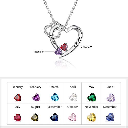 Love Jewelry Personalized 2 Names Heart Necklace for Girlfriend & Mom with 2 Simulated Birthstones2