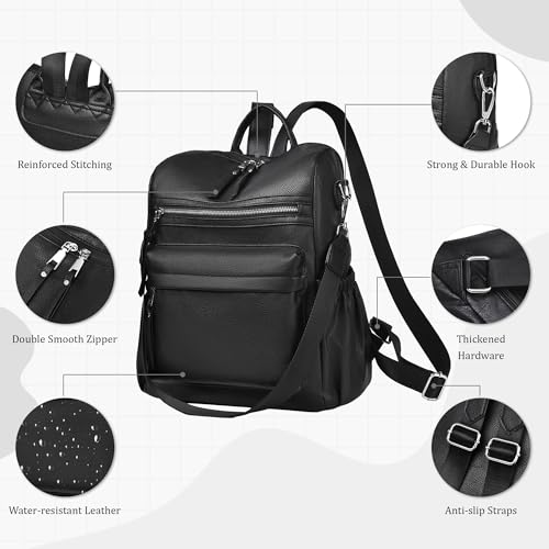 Image of Dora & Liz Womens Backpack Purse Leather Backpack Purse for Women Travel Fashion Backpack Designer Ladies Shoulder Bags (Black Leather)