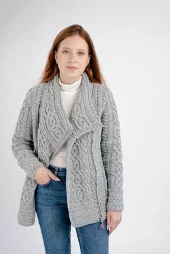 Image of SAOL Irish Cardigan for Women Made of 100% Merino Wool Ireland Sweater Cable Knit Zip Jacket
