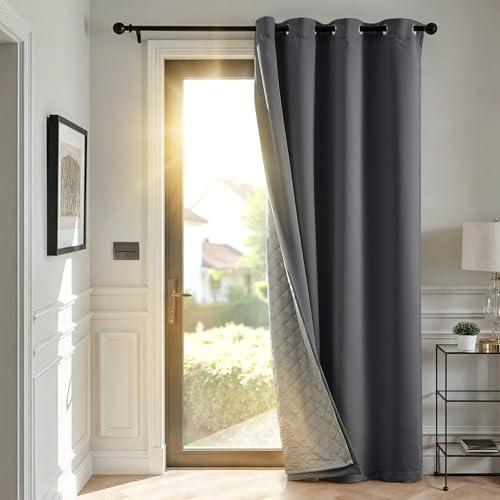 TOPICK Thermovorhang Kälteschutz Gardinen Wohnzimmer blickdicht mit Ösen Türvorhang Verdunklungsvorhänge Schlafzimmer Curtains H214xB132 cm doppelten Vorhänge mit abnehmbare Schicht Dunkelgrau 1 Stück