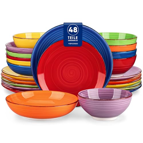 vancasso BONITA Vajillas Completas 48 Piezas per 12 Personas, Vajillas Modernas en Gres - Platos Llanos, Platos de Postre, Cuencos para Pasta y Cuencos - Multicolores, Apto para Microondas