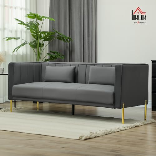 HOMCOM Canapé 3 Places, canapé en Velours 194,5 cm avec 2 Coussins Amovibles, Bandes élastiques et Ressorts en S, pour Chambre à Coucher, Salon et Bureau à Domicile, Gris foncé – Image 3