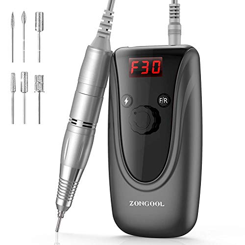 ZONGOOL Portable Electric Nail Drill, 30000RPM High Speed Rechargeable Efile Nail Drill for Acrylic, Gel Nails, Manicure Pedicure Polishing, Professional Nail Drill for Home DIY and Salon Use (Black)