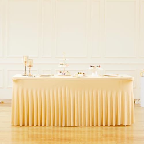 Image of Besutolife Champagne Spandex Tablecloth 6ft Rectangle Table Skirt Stretch Table Cloth for Banquets Parties Wedding Dining Table