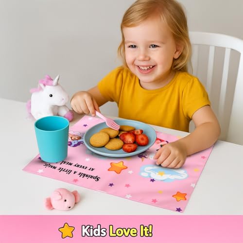 Image of Dining Table Mats Set of 2 - Unicorm Girly Theme,Digital Print, Washable, Indoor /Outdoor, Heat-Proof, Water Resistant, Wipe & Clean (47X33 cm) Pink