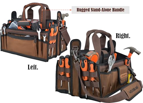 Image of WELKINLAND 20-Pockets Tool Tote Bag,16 inch Brown Open-Top Electrician Tool Bag