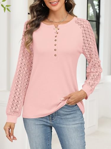 Women's Lace Long Sleeve Shirts Henley Crewneck Tops Business Casual Fall Blouses2