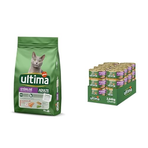 Ultima Esterilizado Adult Salmón - Comida Seca para Gatos - 10kg + Ultima Fit & Delicious Comida Húmeda para Gatos - Mousse con Pollo: 24 latas de 85g