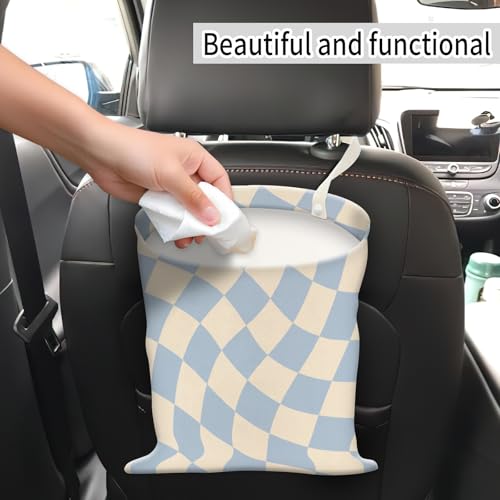 Image of Car Trash Can, Hanging Garbage Bin for Men and Women, Cute Car Organizer and Storage Bag, Canvas Vehicle Trash Can Bag Easy-to-Install Cute Blue Checkborad