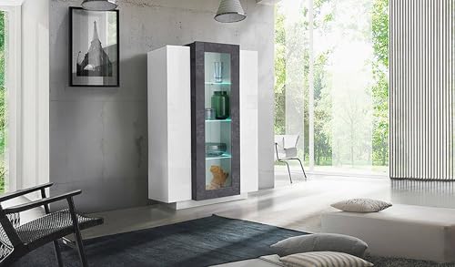 Dmora - Vetrina Kevin, Credenza con Tre Ante, Mobile da Soggiorno Multiuso, 100% Made in Italy, cm 80x38h121, Bianco Lucido e Ardesia