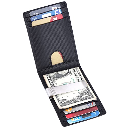 Image of Brooklyn Bridge Genuine Leather Money Clip Wallet for Men Carbon Fiber Black - Slim RFID Blocking Bifold Wallet, Stylish Front Pocket Card Holder with Cash Clip, Gift for Him
