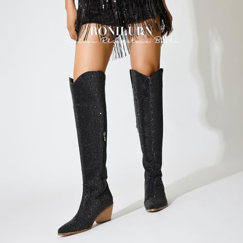 Image of Women Rhinestone Over the Knee Cowboy Boots, Sparkly Bling Cowgirl Boots Western Thigh High Boots Pull-On Side Zippers Chunky Heel Pointed Toe For Concerts, Music Festivals, Parties & Night Out
