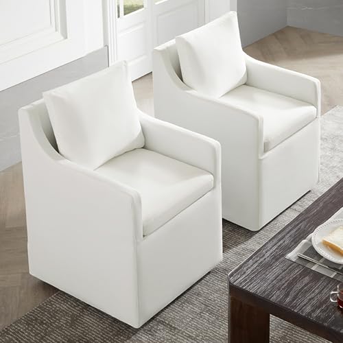 Image of KISLOT Upholstered Dining Chairs with Casters Modern Side Armchair with Rollers for Diningroom Bedroom Livingroom Reading Room, Cream, 2 Box