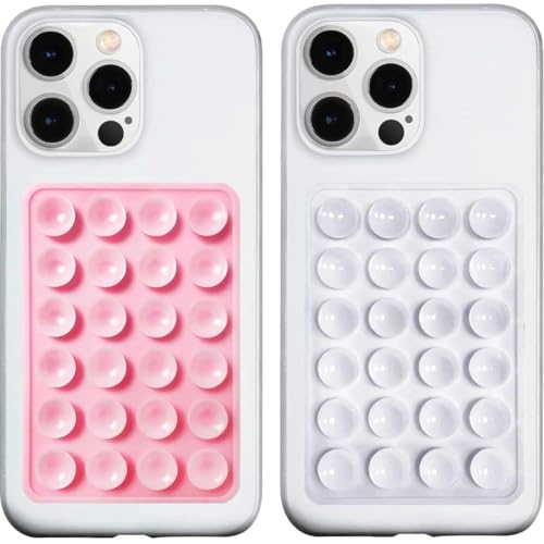 Image of 2Pcs-Black Suction Phone Case, Phone Suction Sticker, Silicone Suction Phone Case for Hands-Free Mobile Accessory Holder Grip, Video Phone Accessory Compatible Mirror, Shower (Pink + White)