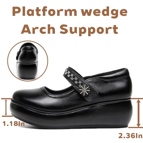 Women's Leather Printing Platform Wedge Arch Support Mary Janes with Rhinestone Adjustable Hook and Loop Cute Round Toe Comfortable Orthopedics Non-Slip Walking Shoes for Casual Office Dress4