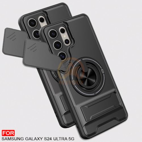 Image of Samsung S24 Ultra 5G Back Cover | Armor Camera Slider 360 Degree Rotating Finger Ring Holder Case with Bracket Stand Back Case Cover (Compatible with MagSafe Accessories) (Black)