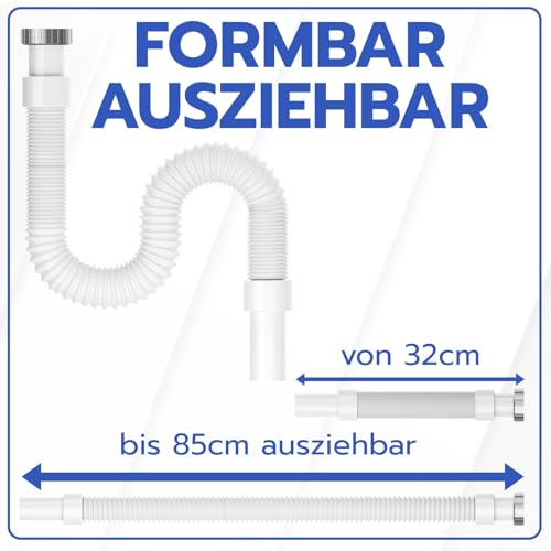 MYLAVABO Siphon Ablaufschlauch 1 1/4\ Sifon für Waschbecken, flexibel ausziehbar bis 85cm cm, Röhrensiphon aus Kunststoff | 5/4\ Anschluss | Ablaufgarnitur für Waschtisch