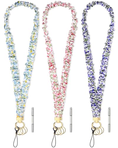 Geyoga 3 Pcs Stretchy Scrunchie Lanyard for ID Badges Scrunchy Neck Keychain with Clip Closure for Teacher(Pink Blue,Flower)