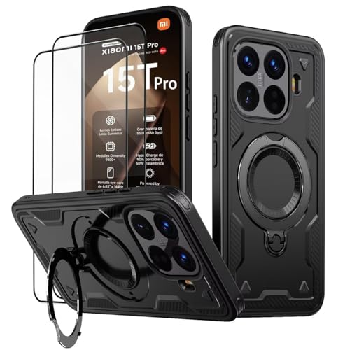 KANSi Hülle für Xiaomi 15T Pro/Xiaomi 15T Pro 5G mit Schutzglas*2 Militär Handyhülle Ständer Stoßfest Gehäuse mit Metallring Ringhalterung - Panzerhülle Schwarz