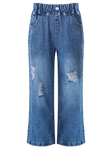 Kids Girls Elastic Waist Ripped Jeans Distressed Denim Pants Washed Wide Leg Straight Baggy Trousers4