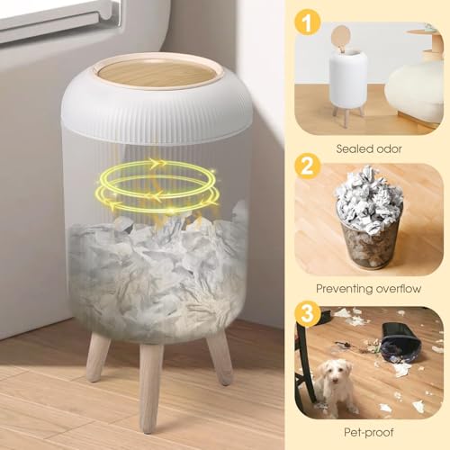 Image of JD FRESH Premium White Dustbin with Press flip Lid Design /Modern Plastic Round Trash Bin with Wooden Finish Legs /Anti Odour Dustbin for Home Decor, Kitchen Office &Hotels (10 Garbage bags, 10 liters)