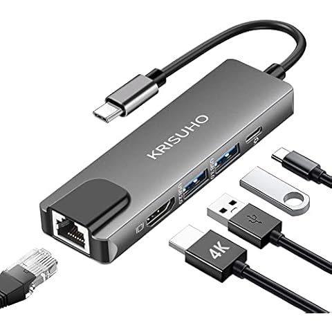 USB C Hub, KRISUHO 5-in-1 USB C to HDMI, USB C Multiport Adapter with 100M Ethernet, 4K HDMI,100W Power Delivery and 2 USB 3.0 Compatible for MacBook Air, iPad Pro ,MacBook Pro, XPS, and More (100M) Cover
