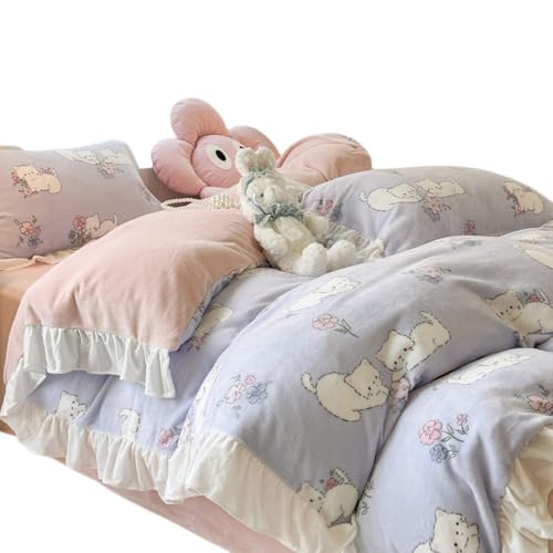 ふわふわの3点または4点の布団カバーセット、シングルとダブル、フリル付き、暖かいマイクロファイバー布団カバー、肌に優しく、厚く、秋と冬に最適、防寒。 (1.8m 4点ベッドセット(200×230cmの掛け布団に適合),フラワーキトゥン [レース厚手ミルクベ