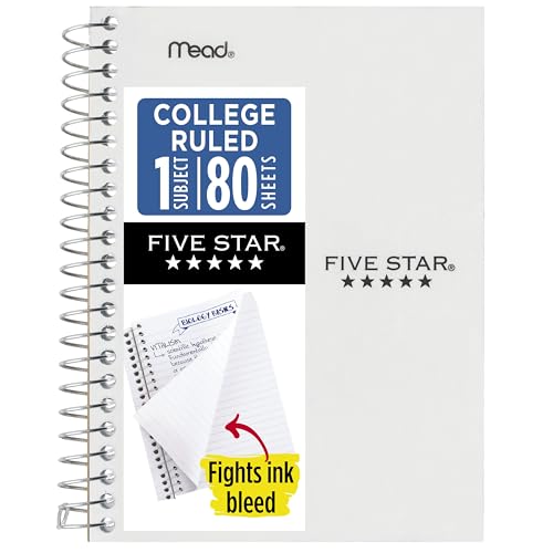 Image of Five Star Spiral Notebook, 1 Subject, College Ruled Paper, 4-3 /8 inch x 7 inch, Small Size, 80 Sheets, Fights Ink Bleed, Water Resistant Cover, White (450048E)