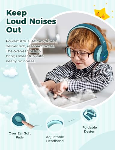 Image of iClever BTH12 Kids Bluetooth Headphones,Colorful LED Lights Wireless Kids Headphones,74 /85 /94dB Volume Limits,55H Playtime,Bluetooth 5.2,Over Ear Headphones Built-in Mic for iPad /Tablet /Airplane,Green