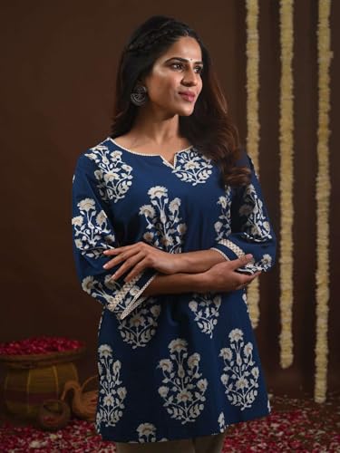 Image of Rimeline Women's Floral Printed Cotton Kurti Top | Round Notch Neck 3 /4 Sleeve Straight Fit Casual Tunic