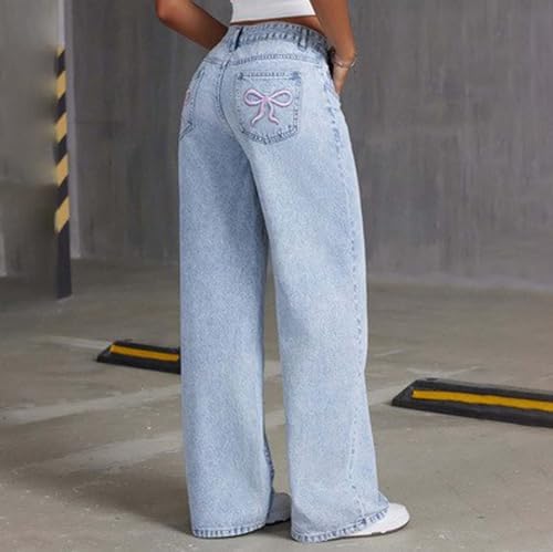 Bow Jeans for Girls Wide Leg Baggy Denim Pants Cute High Waisted Jean Trousers Casual Y2k Streetwear with Pockets4
