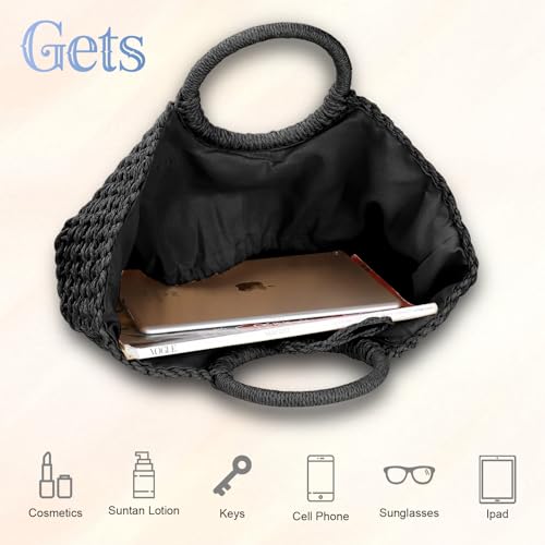 Image of Gets Handwoven Rattan Top-handle Bag for Women Bohemian Round Straw Tote Bag Beach Large Carrying Handbag