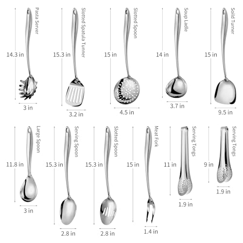 Stainless Steel Kitchen Utensils Set, 11 Pcs Cooking Tools with Spatula, Spoon, Ladle, Skimmer, Tunner, Pasta Server, Tongs