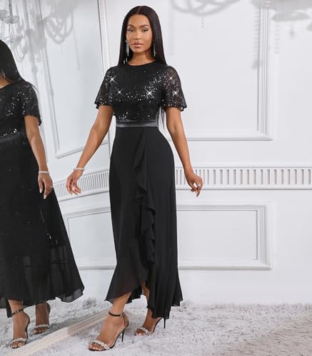 Cololura Women Sexy Sequin Lace Tulle Short Sleeve Chiffon Bodycon Cocktail Formal Evening Maxi Dress3