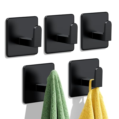 Auxmir Adhesive Towel Hooks 5 Pack Heavy Duty Wall Hooks 15lb Max No Drilling Sticky Hooks for Bathroom Shower Kitchen Waterproof Rustproof Stainless Steel Hooks for Towels Robes Coats Black