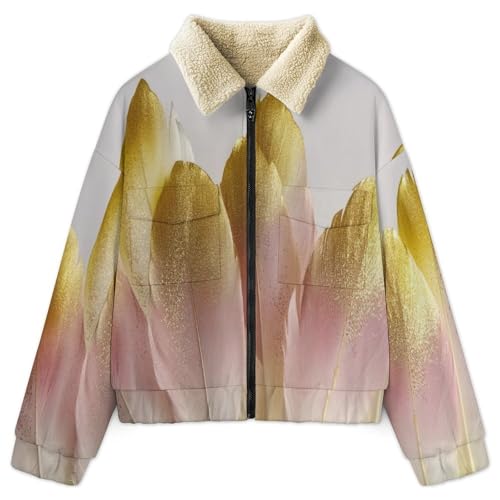 Veste polaire femme chaude haut de gamme aux plumes dorées et col montant chic