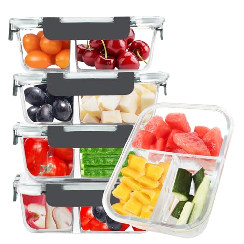 Listado de Compartimentos herméticos de esta semana. 42 BAYZZ - Paquete de 5 recipientes de vidrio para preparación de comidas de 35 onzas, 3 compartimentos, recipientes de vidrio para almacenamiento de alimentos, lonchera bento con...