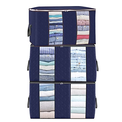 3 pacotes de sacos de armazenamento de roupas de grande capacidade com zíperes, alças de transporte e tecido grosso transparente para janela de armazenamento dobrável, antimofo, à prova de humidade,
