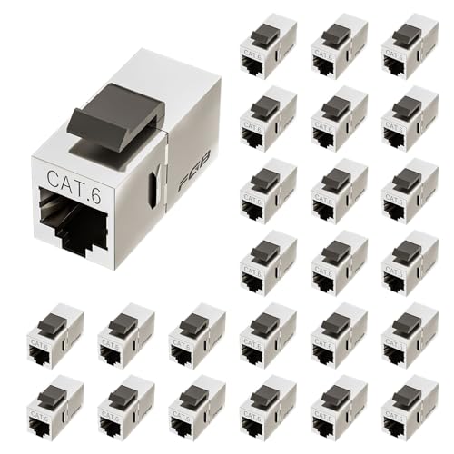 FGB Confezione da 25 accoppiatori Keystone schermati Cat6, jack Keystone RJ45 femmina a femmina, accoppiatore Keystone Ethernet in argento